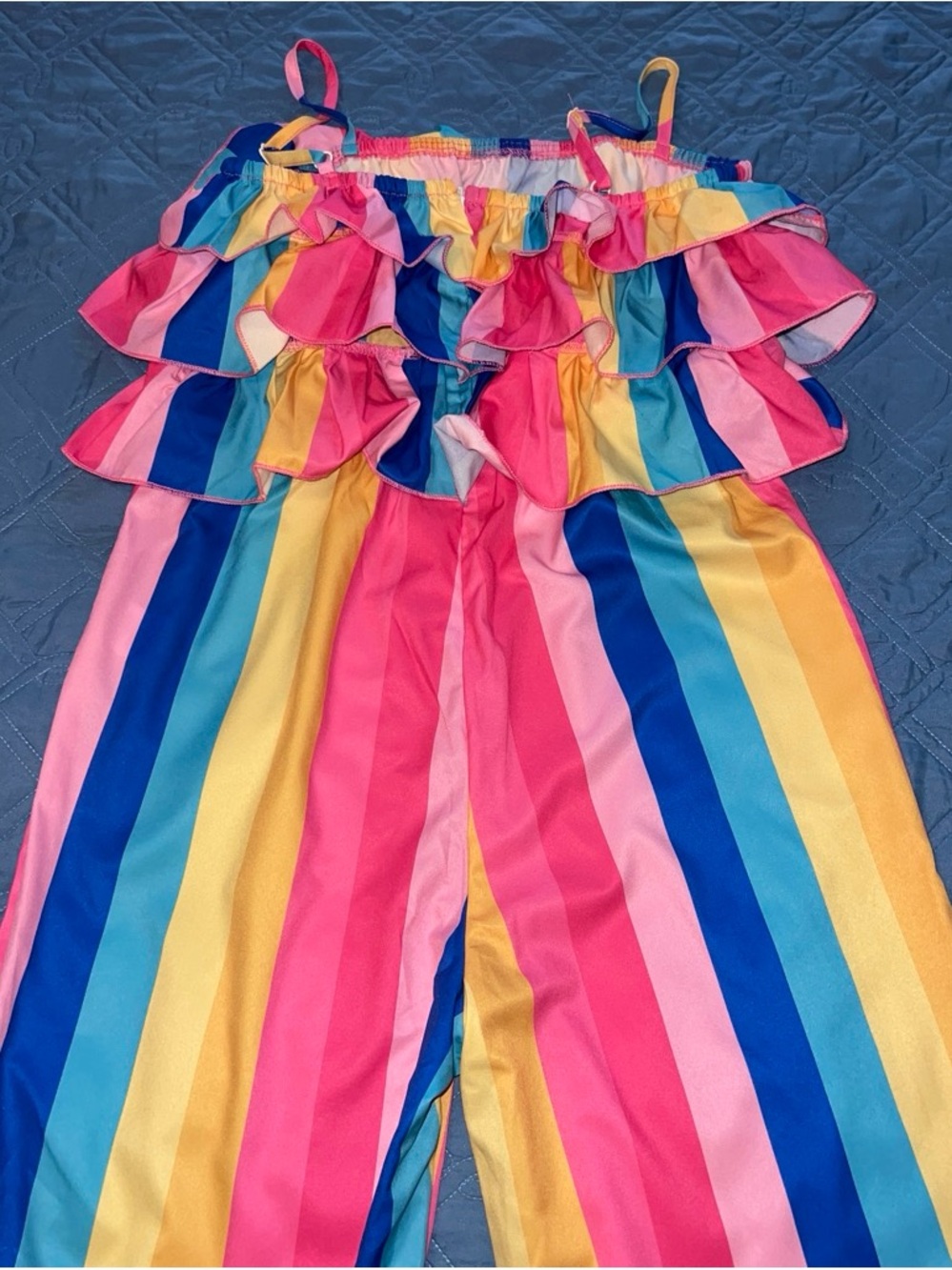 Girls Rainbow Stripe Ruffle Jumpsuit - Multicolor